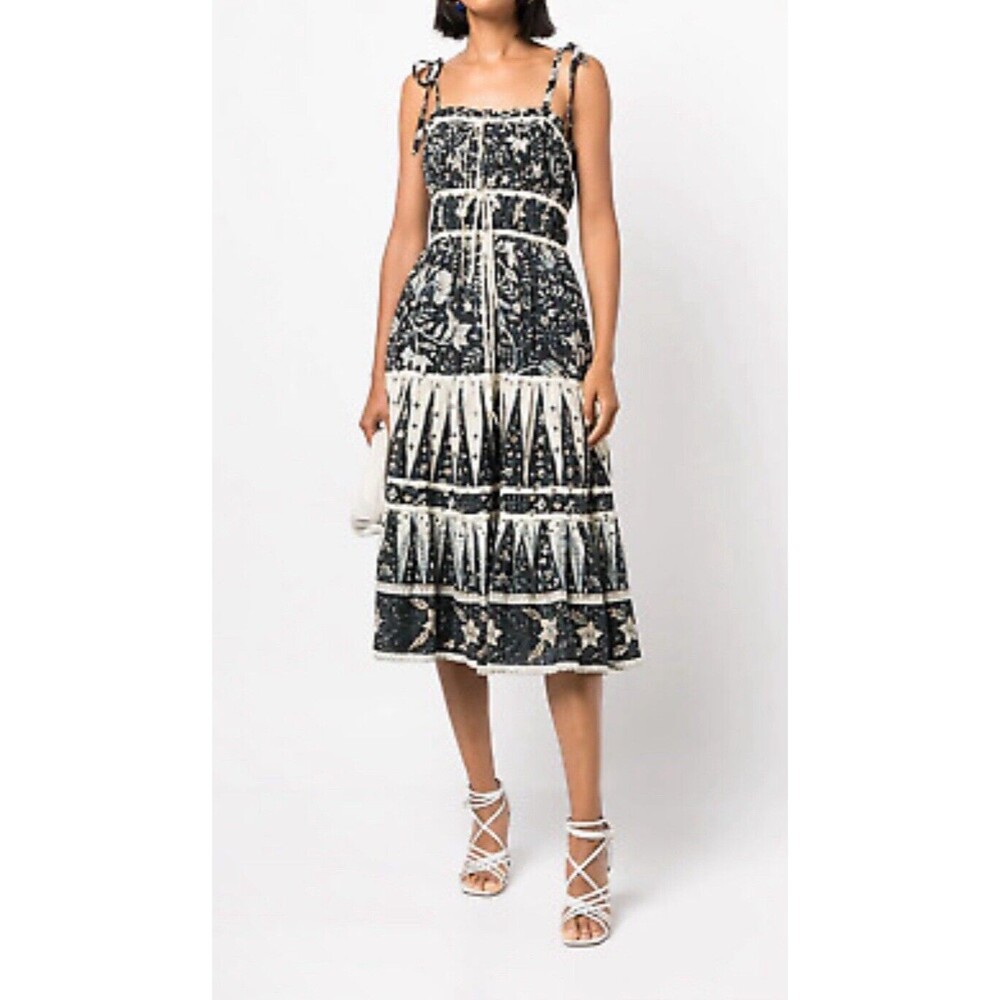 Ulla Johnson Women's Dress Sz 4 Indah Boho Midi Smocked Tiered Tie Straps